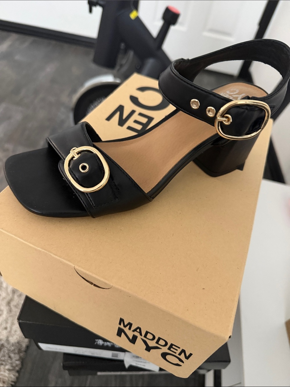 Black Block Heel Sandals with Gold Buckles